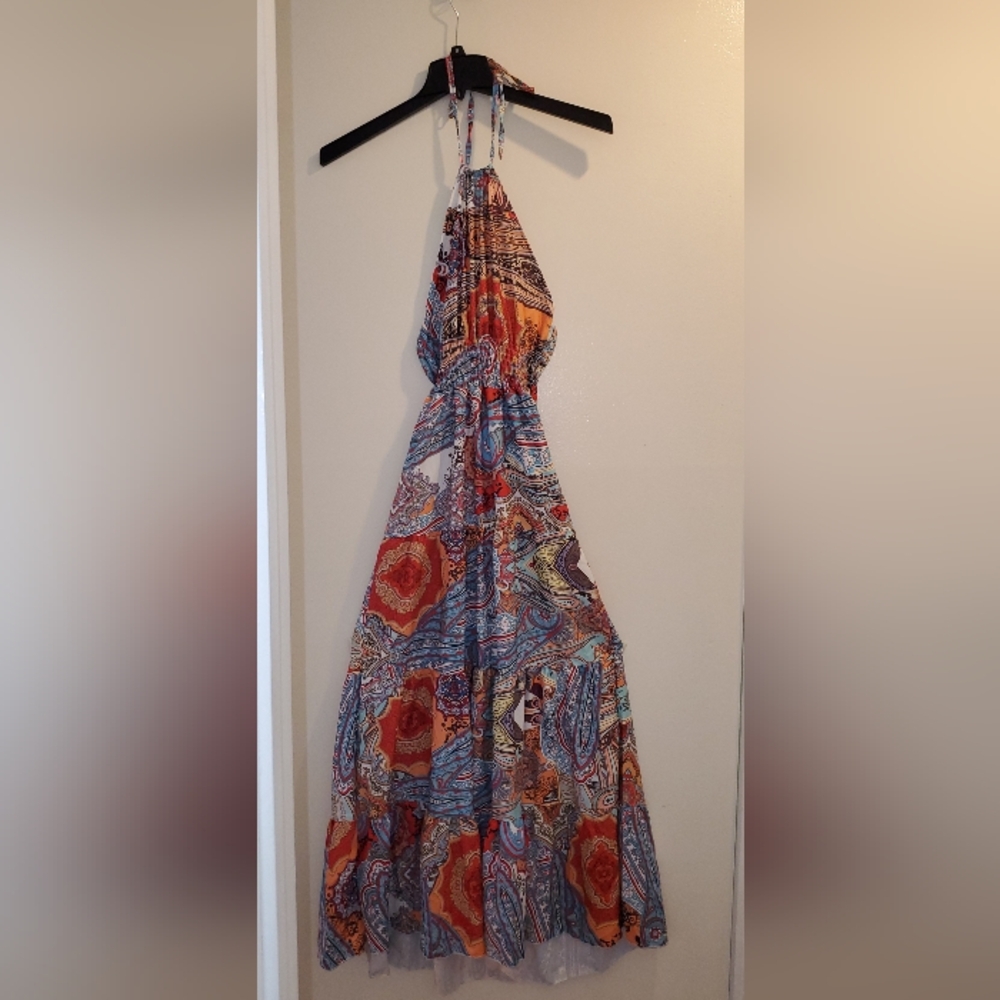 Women Halter Maxi Dress Sexy Floral Print Backless Bohemian Beach Dress Ruffles